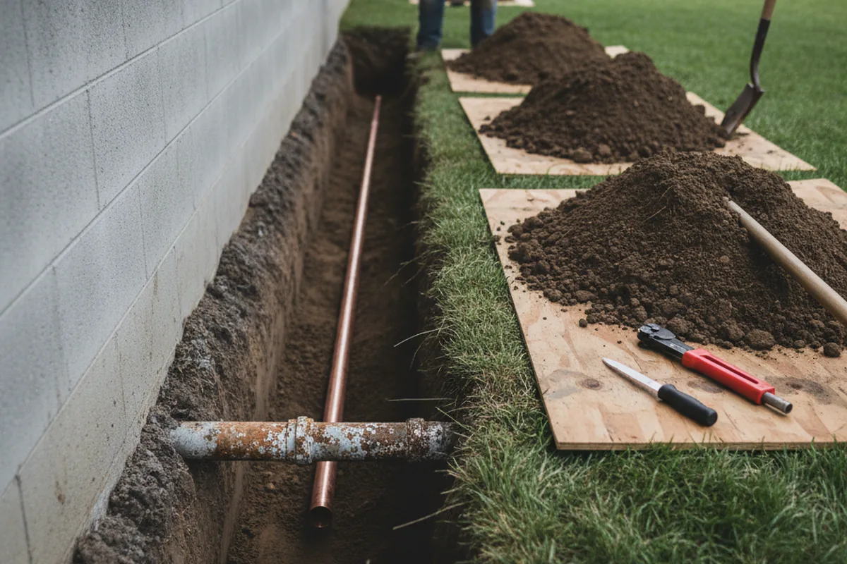 Excavated water line trench during Water Softener Installation in Surry
